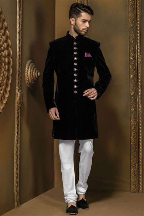 Men Pakistan Indian Groom Wedding Party Wear Black Velvet Sherwani