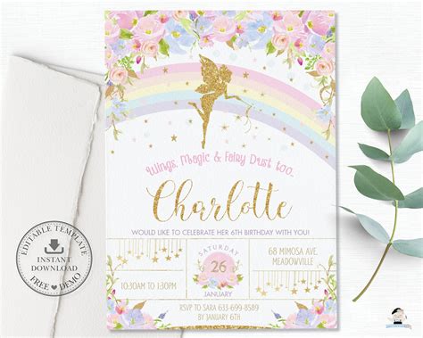 Fairy Invitation Editable Template Pink Floral Rainbow Etsy Australia