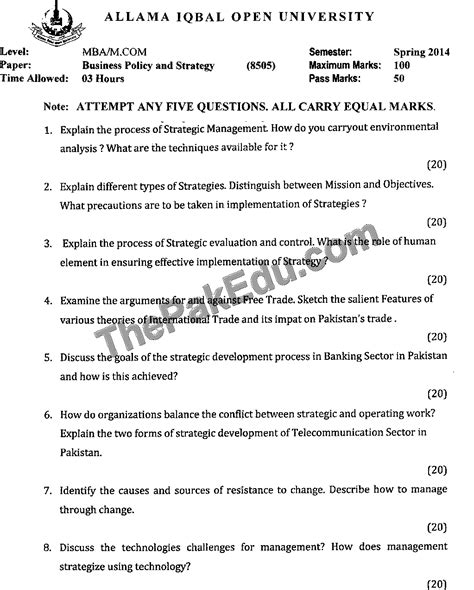 Business Policy And Strategy Code No 8505 Spring 2014 Aiou Old Papers