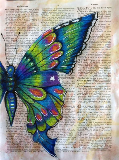 Coloured Pencil Butterfly On An Encyclopedia Page With Some Spray Inks