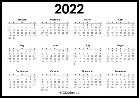 2022 Calendar Printable Free Horizontal Black Hd Sunday Start