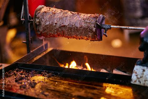 Shawarma Lamb On A Spit Street Food Doner Kebab On A Rotating Spit