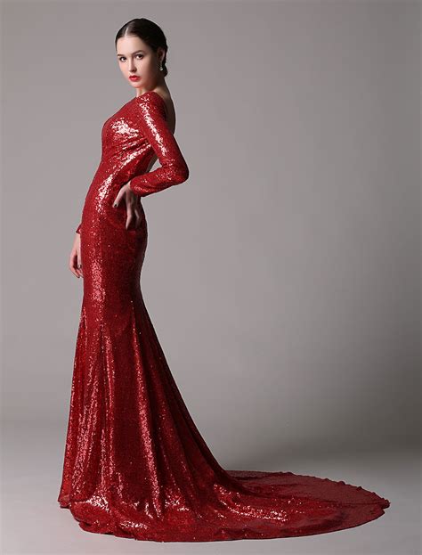 red long sleeves mermaid sequin dress with bteau neckline open back and court train