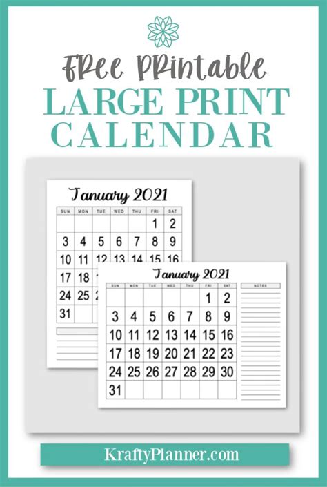 The Free Printable Large Print Calendar For January