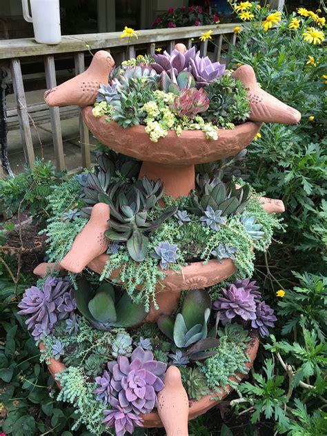 Love The Terracotta Birds On This Succulent Fountain