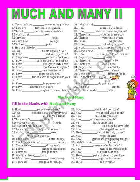Many And Much Worksheet