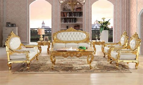 Royal Antique Gold Gliding Carved Leather Sofa Set Living Room