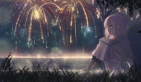 Sad White Haired Anime Girl With Fireworks Fondo De