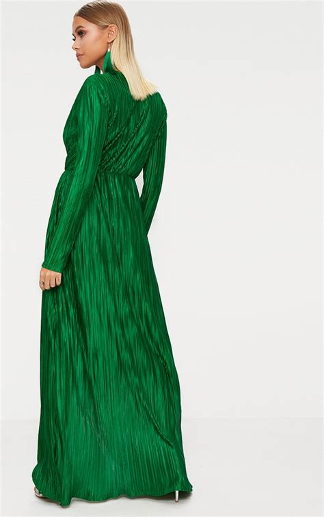Bright Green Pleated Wrap Front Long Sleeve Maxi Dress