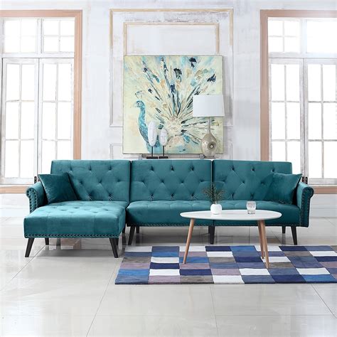 Contemporary Modern Velvet Sleeper Futon Sofa Mid Century L Shape