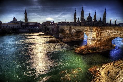 802670 Zaragoza Aragon Spain Houses Rivers Bridges Night Hdr