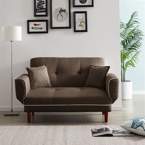 Kepooman Mid Century Modern Sofa Sleeper Bed With 2 Pillows Brown