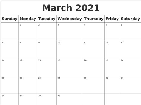 Simple year template of pocket or wall calenders. March 2021 Blank Calendar
