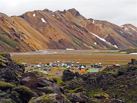 View On Landmannalaugar Camp Site Start Of Famous Iceland Trek Stock