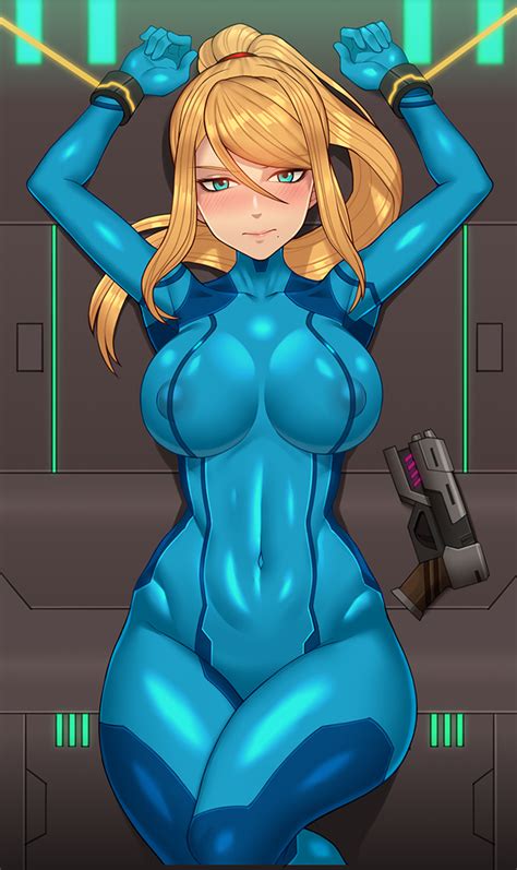 Nt00 Samus Aran Metroid Nintendo 1girl Arms Up Bangs Blonde Hair Blue Bodysuit Blush