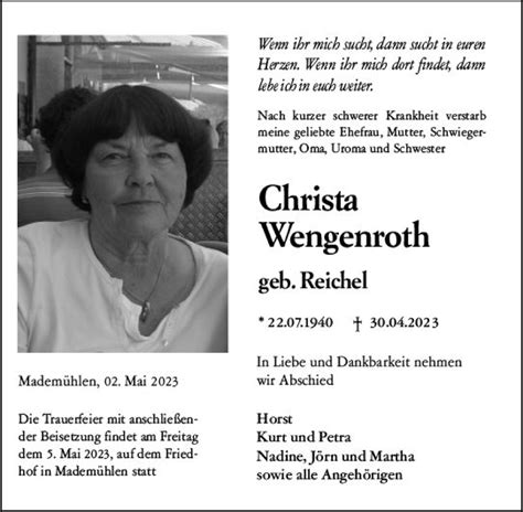 Traueranzeigen Von Christa Wengenroth Vrm Trauerde