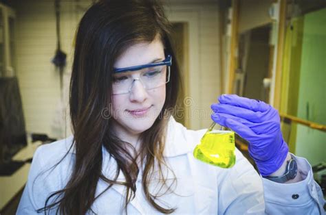 Woman Happy Scientist Holding And Paying Attention Skillful Yellow