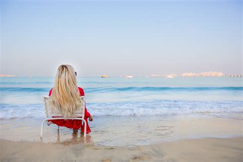 Blonde Women Sitting Long Hair Women Outdoors Model Beach Sea