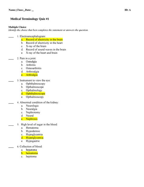 Medical Terminology Quiz 1 Student Medical Terminology Quiz Multiple