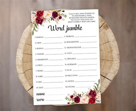 Word Jumble Game Printable Template Marsala Bridal Shower Games Instant