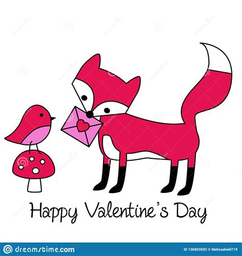Valentines Day Fox With Cute Bird On Mushroom Stock Vector