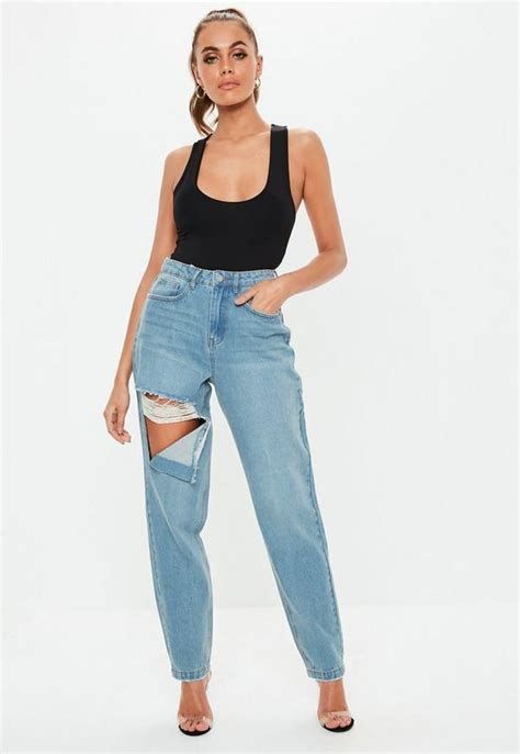 Tall Blue Riot Stone Wash Ripped Thigh High Waisted Mom Rigid Jeans