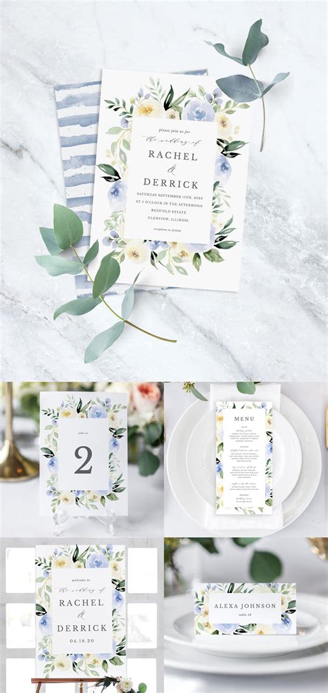 Dusty Blue Floral Wedding Invitation Printable Wedding Etsy
