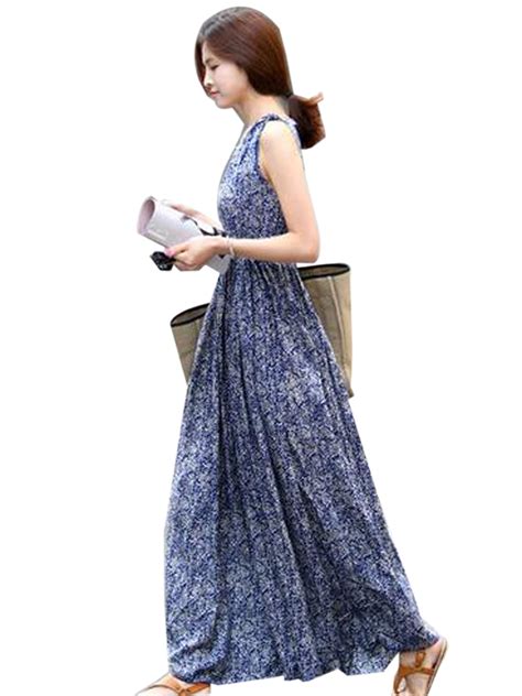 Korean Summer Floral Sleeveless Tank Elegant Blue Long Maxi Dress Sun