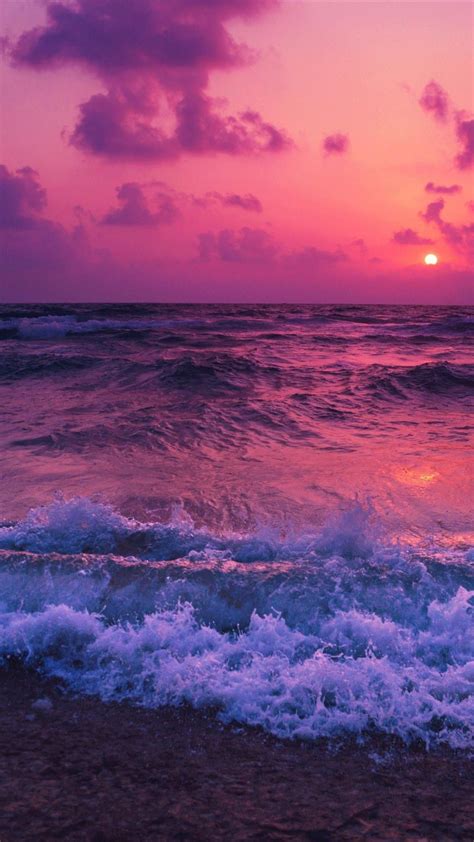 Download 1080x1920 Ocean Sunset Waves Foam Beach Wallpapers For
