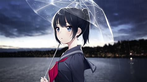 Download 1920x1080 Anime Girl Raining Umbrella Black