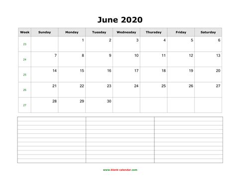 Download June 2020 Blank Calendar With Space For Notes Horizontal