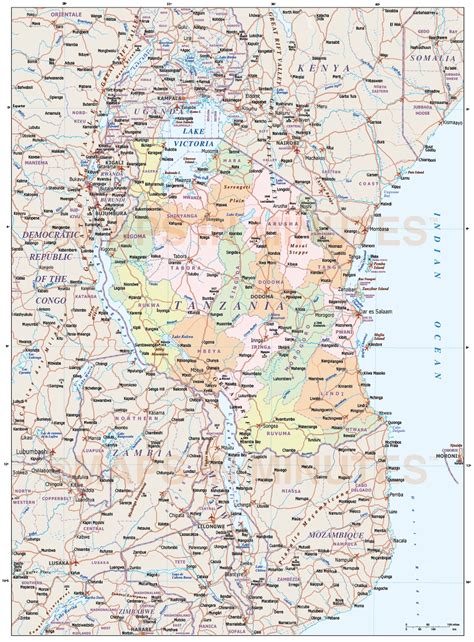 Tanzania Digital Vector Political Map With Internal Divisions Road