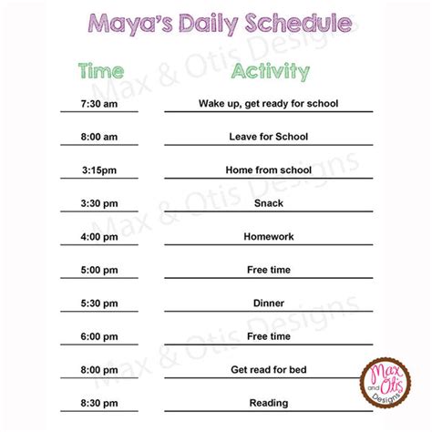 Printable Childrens Daily Schedule Editable Pdf Max And Otis Designs