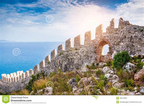 The Wall Of An Ancient Fortress On The Hill In Alanya Turkey Stock