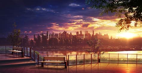 Wallpaper Anime City Cloud Evening Lake Sunset