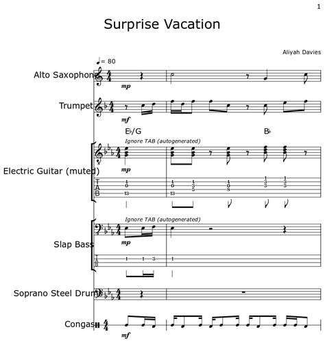 Surprise Vacation Sheet Music For Alto Saxophone Trumpet Electric Guitar Slap Bass Soprano
