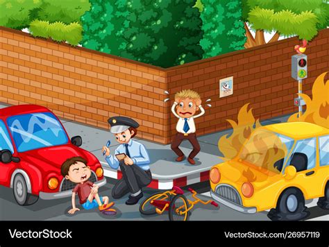 Accident Scene With Car On Road Royalty Free Vector Image