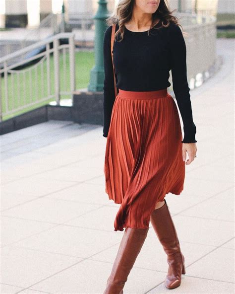 Pleated Skirt Cognac Knee High Boots Midi Skirt Outfit Winter