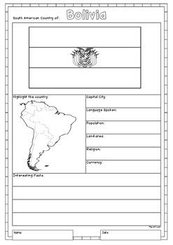 south america  countries study worksheets flags  maps