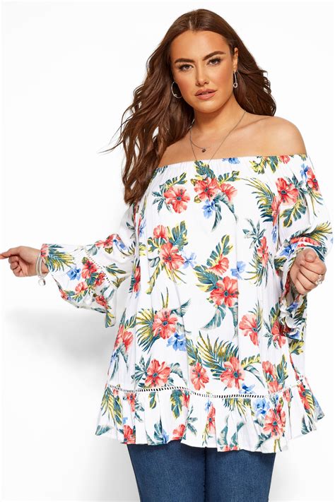 White Floral Print Bardot Top Yours Clothing
