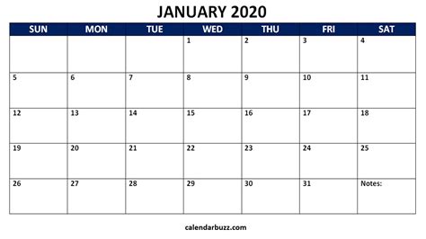 January 2020 Blank Calendar Word Template Monthly Calendar Template