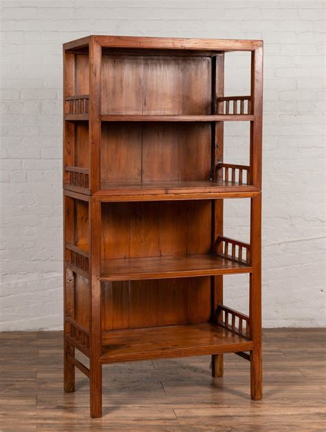 Vintage Chinese Two Part Elmwood Bookcase With Pillar Shaped Strut