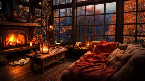 Rainy Autumn Day With Crackling Fireplace In A Cozy Hut Ambience