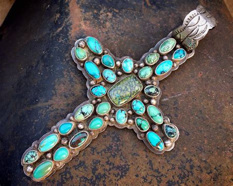 Large 4 Cluster Turquoise Stone Cross Pendant By Navajo Ted Secatero