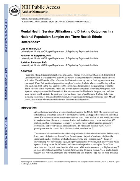 Pdf Mental Health Service Utilization And Drinking Outcomes In A