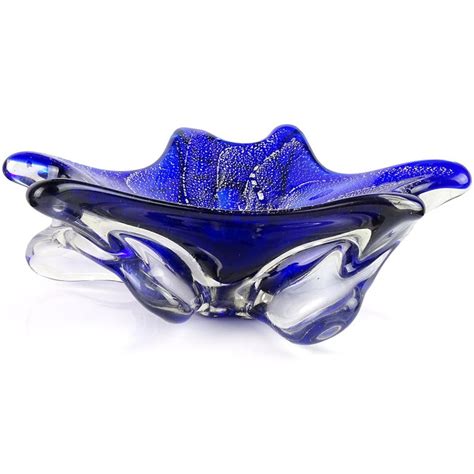 Murano Cobalt Blue Silver Flecks Vintage Italian Art Glass Decorative Bowl For Sale At 1stdibs