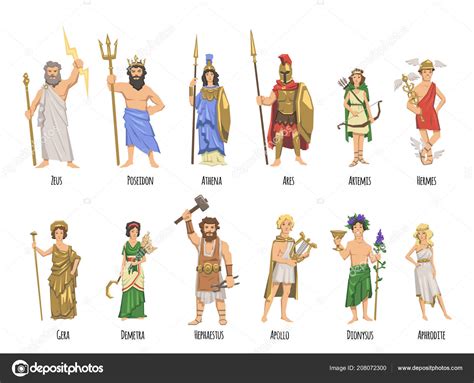 Pantheon Of Ancient Greek Gods Mythology Set Of Characters With Names