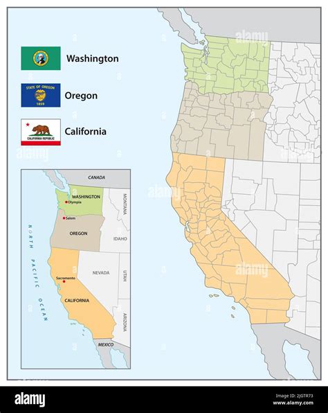 Administrative Map With Flags Of The Us American Westcoast States Stock