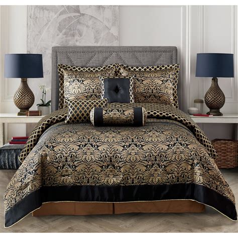 Deluxe Jacquard Black Gold Floral 7 Pcs King Queen Comforter Set Or