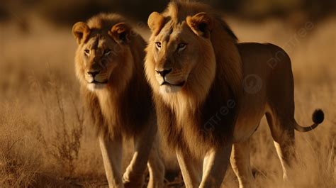 Two Male Lions Walking Through A Field Background Male And Female Lion Picture Background Image